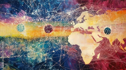 Vibrant Digital Art of Pulsating Network Over World Map Canvas