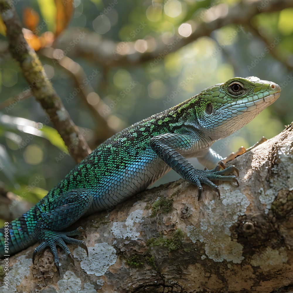 Obraz premium Vibrant green lizard basking on sunlit rock. Exotic reptile with intricate scales in natural habitat.