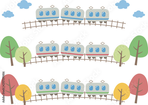 Autumn train trip scenic background with three types of trains