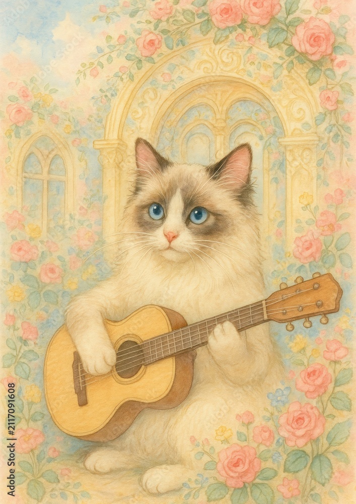 Fototapeta premium Whimsical cat playing guitar