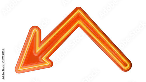 Glowing orange neon arrow pointing downwards, isolated on a transparent background, symbolizing decline, decrease, or a downward trend in business
