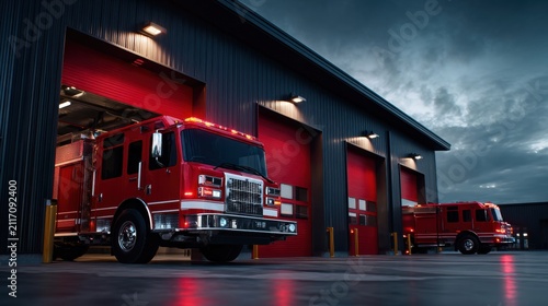 Modern fire trucks ready for emergency response at a dark fire station under a cloudy evening sky