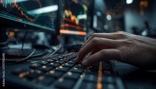 Professional Trader Typing During Live Market Analysis in Modern Trading Workspace