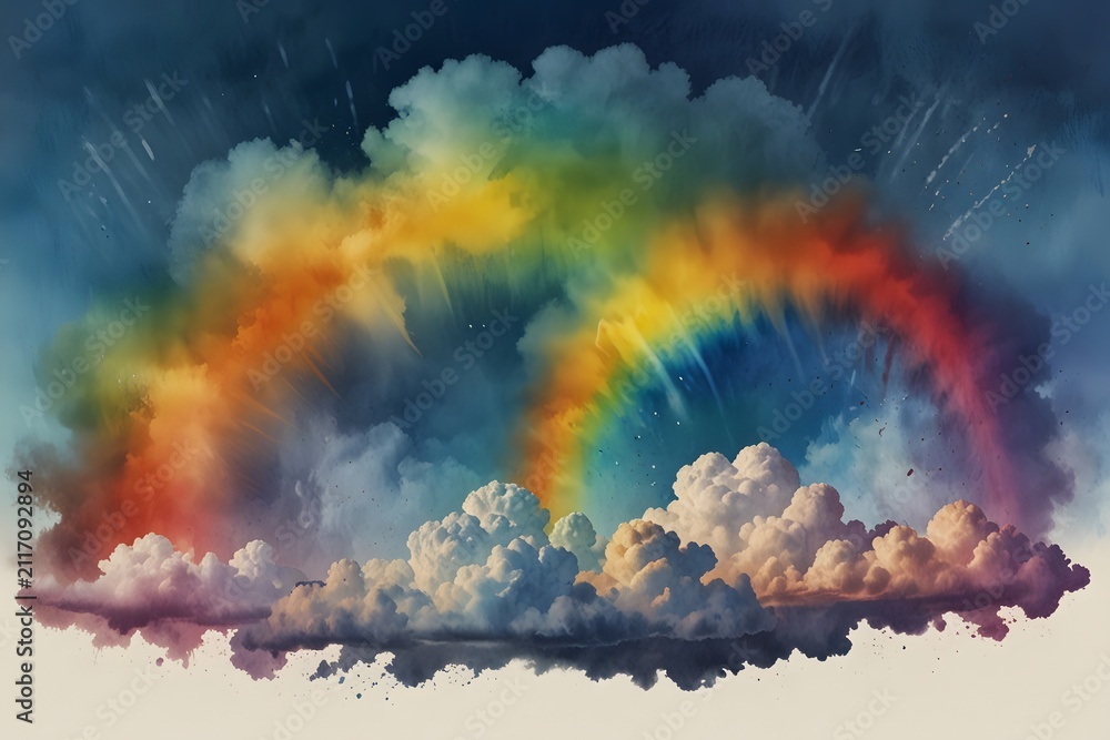 Fototapeta premium A rainbow appearing beneath a cumulonimbus cloud