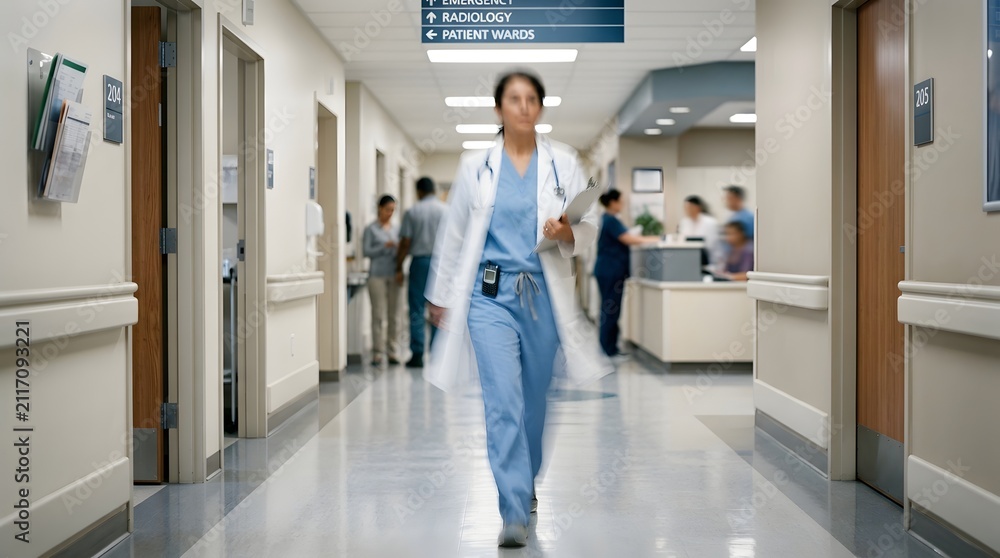 Fototapeta premium Doctor walking through modern hospital hallway with clipboard in hand.