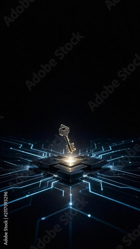 Floating Key with Glowing Digital Pathways AMOLED Wallpaper with Negative Space at the Top for Clock Widget