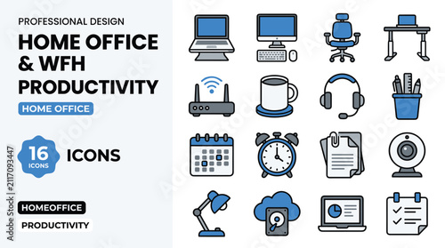 Home Office And Productivity Icons Including Computer And Desk Setup