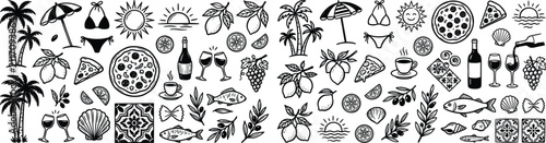 Italian or greek style vacation hand drawn vector icons or emblems in grunge chalk or charcoal rough doodle sketch style. Summer vacation illustrations in ink simple style for poster, placard print