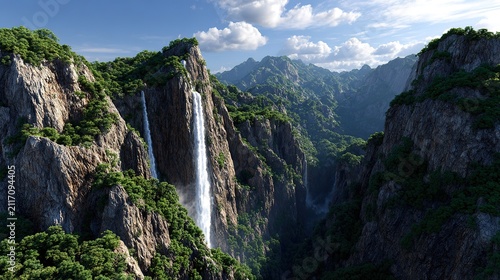 Majestic Waterfall in Lush Green Canyon: A spectacular waterfall cascades down rugged, moss-covered cliffs surrounded by vibrant green foliage and distant mist-shrouded mountains.