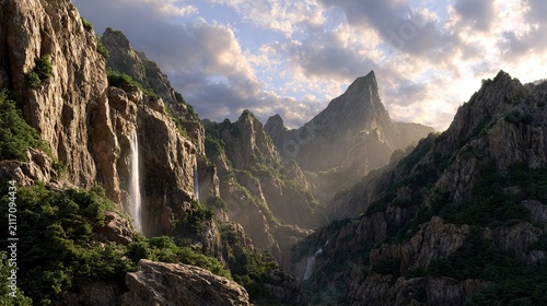 Majestic Waterfall in Mountain Valley: A breathtaking waterfall cascades down a rugged cliff face, surrounded by verdant greenery and dramatic mountain peaks, illuminated by the soft light of dawn.