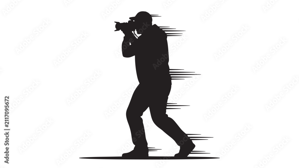 Obraz premium Silhouette of armed tactical soldier moving forward in combat stance with motion streaks on black background
