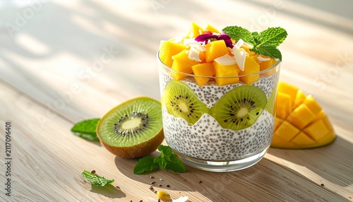 Fresh tropical chia pudding with mango, kiwi, coconut flakes, and mint is served in a clear glass on a wooden table under natural sunlight