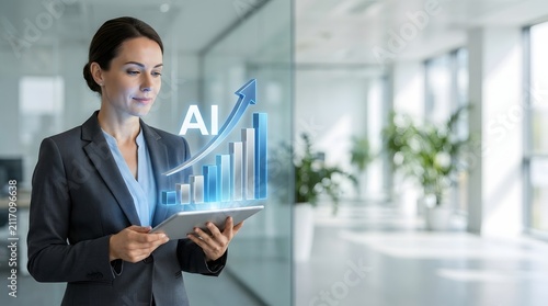 Artificial intelligence business growth, businesswoman using AI data chart, digital financial success