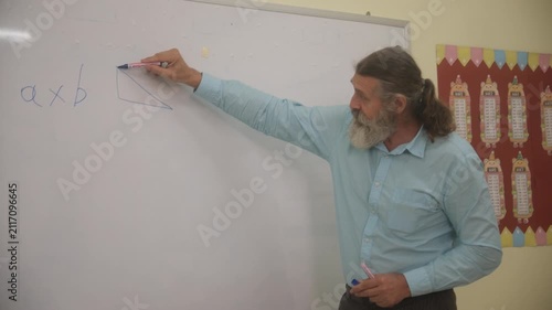 The teacher is teaching young children in a class at school.