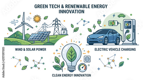 Clean Renewable Energy and Sustainability Concept Flat Vector Illustration with Solar Panel, Wind Turbine, Electric Car, and Eco Lightbulb