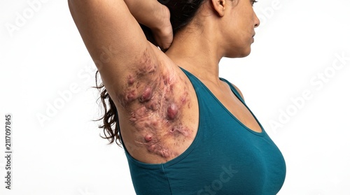 Female armpit with severe scarring and hidradenitis suppurativa skin condition