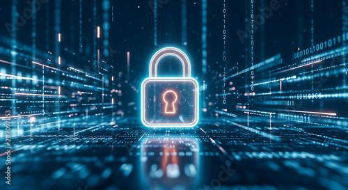Glowing digital padlock icon representing cybersecurity and data protection in a virtual network environment.