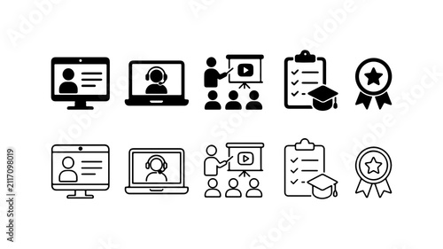 Online Education and E-Learning Icon Set in Silhouette and Outline Styles