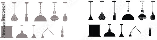 Fotografie Set of modern ceiling lamp silhouettes and suspension lighting fixtures for interior design and architecture