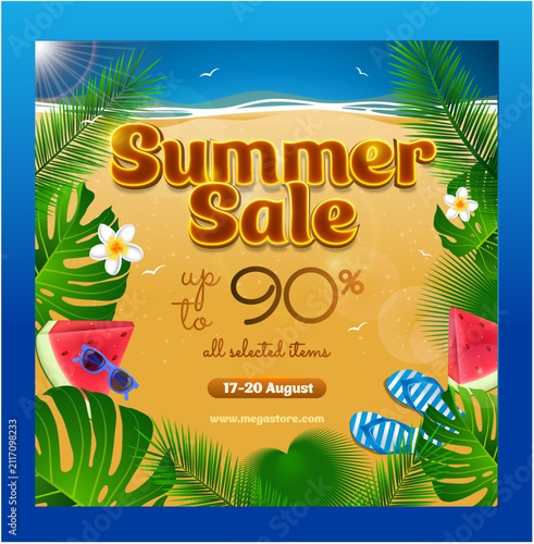 Summer Sale Beach Poster Template with Tropical Leaves Watermelon and promotional discount