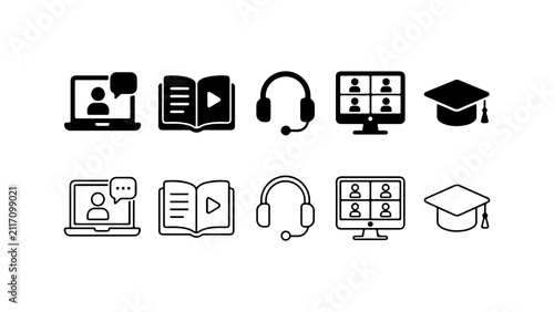 Online Education and E-Learning Icon Set in Solid and Outline Style