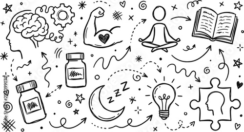 Konstfotografi Mental health and wellness doodle concept featuring brain gear bicep meditation