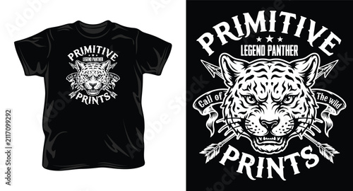 Wild panther head with crossed arrows t-shirt design for primitive legend prints and predator mascot illustration.