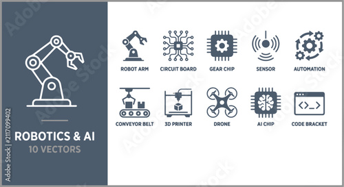Modern robotics and artificial intelligence line icons representing industrial automation, smart technology, and machine learning systems