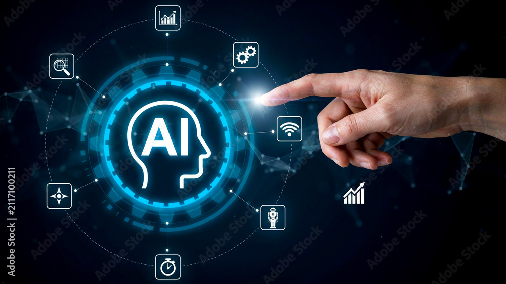 Obraz premium Human Hand Interacting with Artificial Intelligence Digital Interface and Futuristic Technology Concept