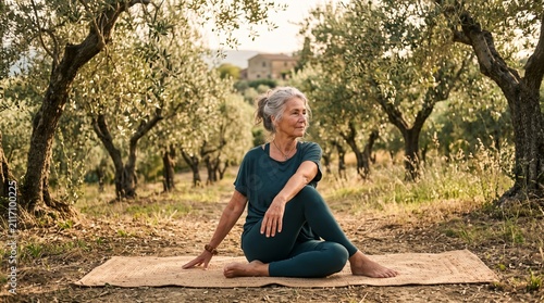 senior woman practicing yoga outdoors