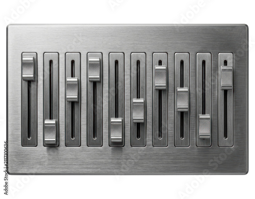 Brushed metal audio fader panel isolated with transparent background