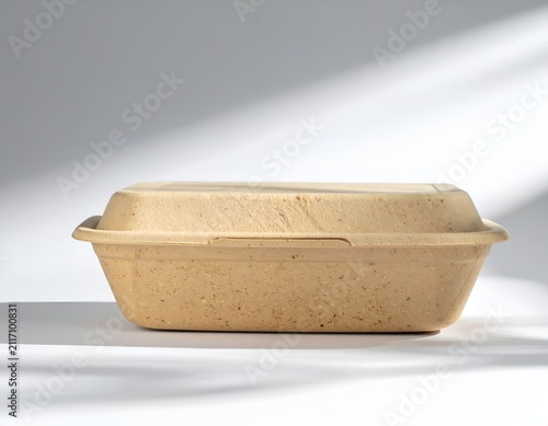 Eco-friendly compostable food container on white background for takeaway meals