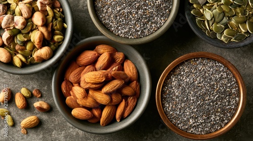 Flatlay of various nuts and seeds.