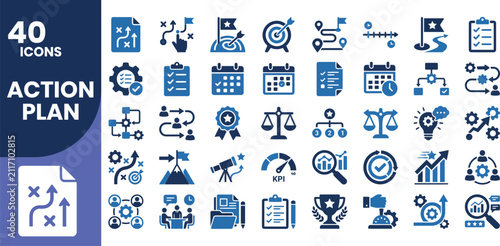 Modern blue and navy action plan solid icon set featuring strategic planning, project management, goals, workflow, productivity, analytics, and business execution symbols.