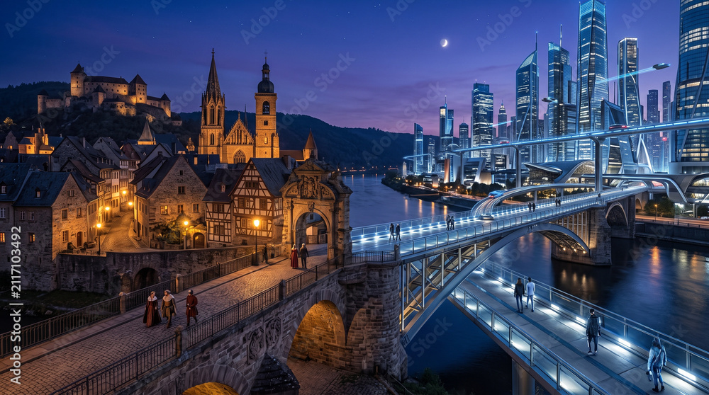 Fototapeta premium bridge ancient futuristic city night