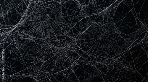 Intricate Spiderwebs Glistening with Dew on a Dark Background, Capturing Delicate Natural Patterns and a Spooky Halloween Mood