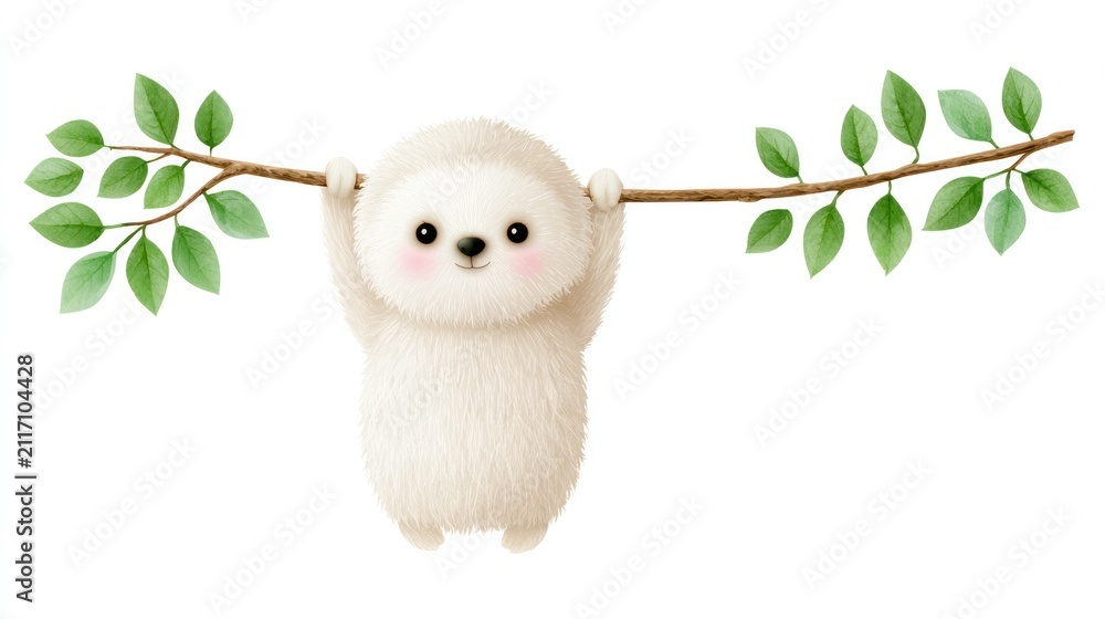 Fototapeta premium Cute Sloth Hanging on a Branch: A charming, fluffy sloth illustration with big, adorable eyes hangs playfully from a leafy branch, embodying a gentle and relaxed spirit.