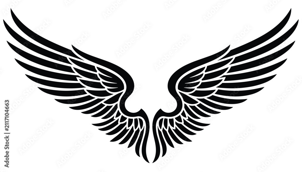 Fototapeta premium Symmetrical black eagle wings silhouette representing freedom, speed, and powerful flight on a white background.