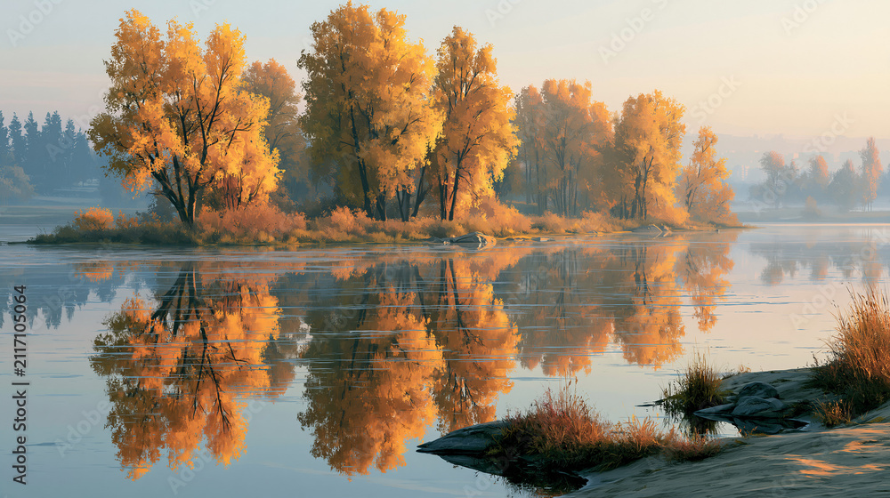 Obraz premium Golden autumn trees reflecting on a tranquil morning lake. Serene, peaceful, and artistic watercolor landscapes for nature design, seasonal backgrounds, and relaxation media.