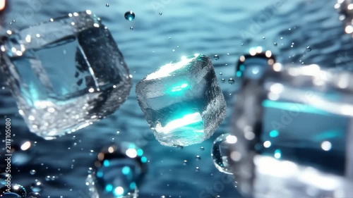 Abstract close-up of glowing blue ice cubes submerged in clear water with dynamic splashes and bubbles