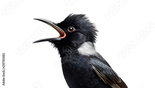 Striking black and white bird with a sharp pointed beak and intense red eyes stands isolated against a clean white background while chirping loudly to display its wild natural beauty.