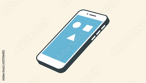 Simple cartoon illustration of a white smartphone with basic geometric shapes on a blue screen over cream background.