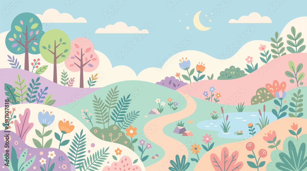 Obraz premium Pastel Spring Nature Vector Background with Meadow Pond and Moon