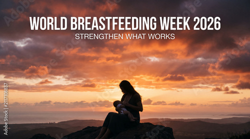 Silhouette of Mother Breastfeeding Baby Against Vibrant Sunset Sky, World Breastfeeding Week Concept