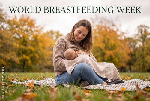 Young Mother Breastfeeding Infant on Picnic Blanket in Park, World Breastfeeding Week Concept
