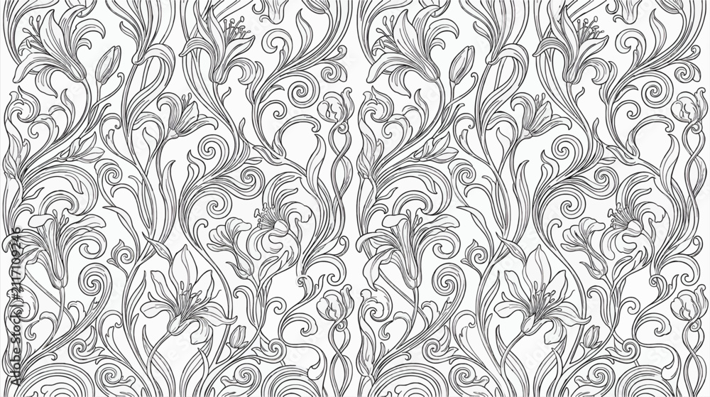 Fototapeta premium Seamless Art Nouveau Floral Pattern with Lily Flowers and Swirling Vines, Black and White Line Art Illustration for Coloring Pages and Decorative Backgrounds