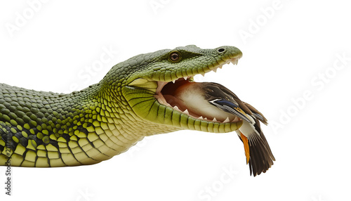 Green crocodile with sharp scales and bright eyes captures a small bird firmly within its powerful jagged jaws against a plain white background in this highly detailed digital art illustration.