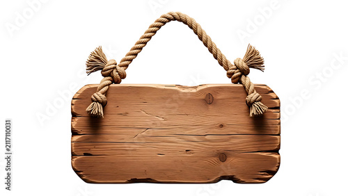 ia generated front view of an empty rustic wooden hanging sign with rope, isolated on a solid white background. Vintage dark wood board mockup for message, menu, or banner design.
