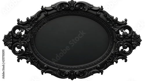 ia generated front view of an ornate black baroque oval picture frame with vintage carvings, isolated on a solid white background. Gothic mirror frame mockup for art and interior decoration.