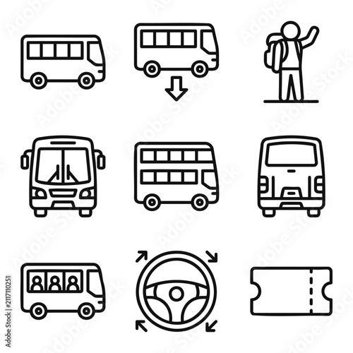 Bus transportation and public transit outline icon set